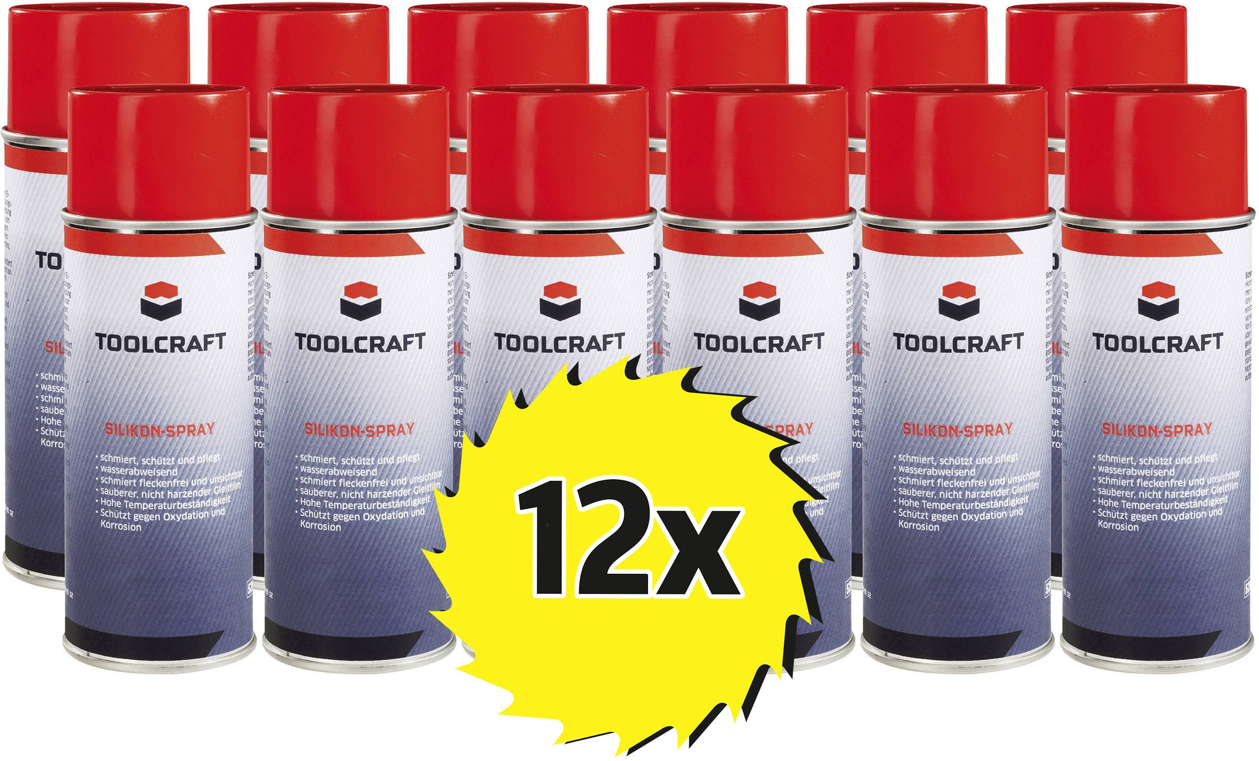 Douze bombes de peinture en spray TOOLCRAFT en rouge avec un autocollant jaune 12x.