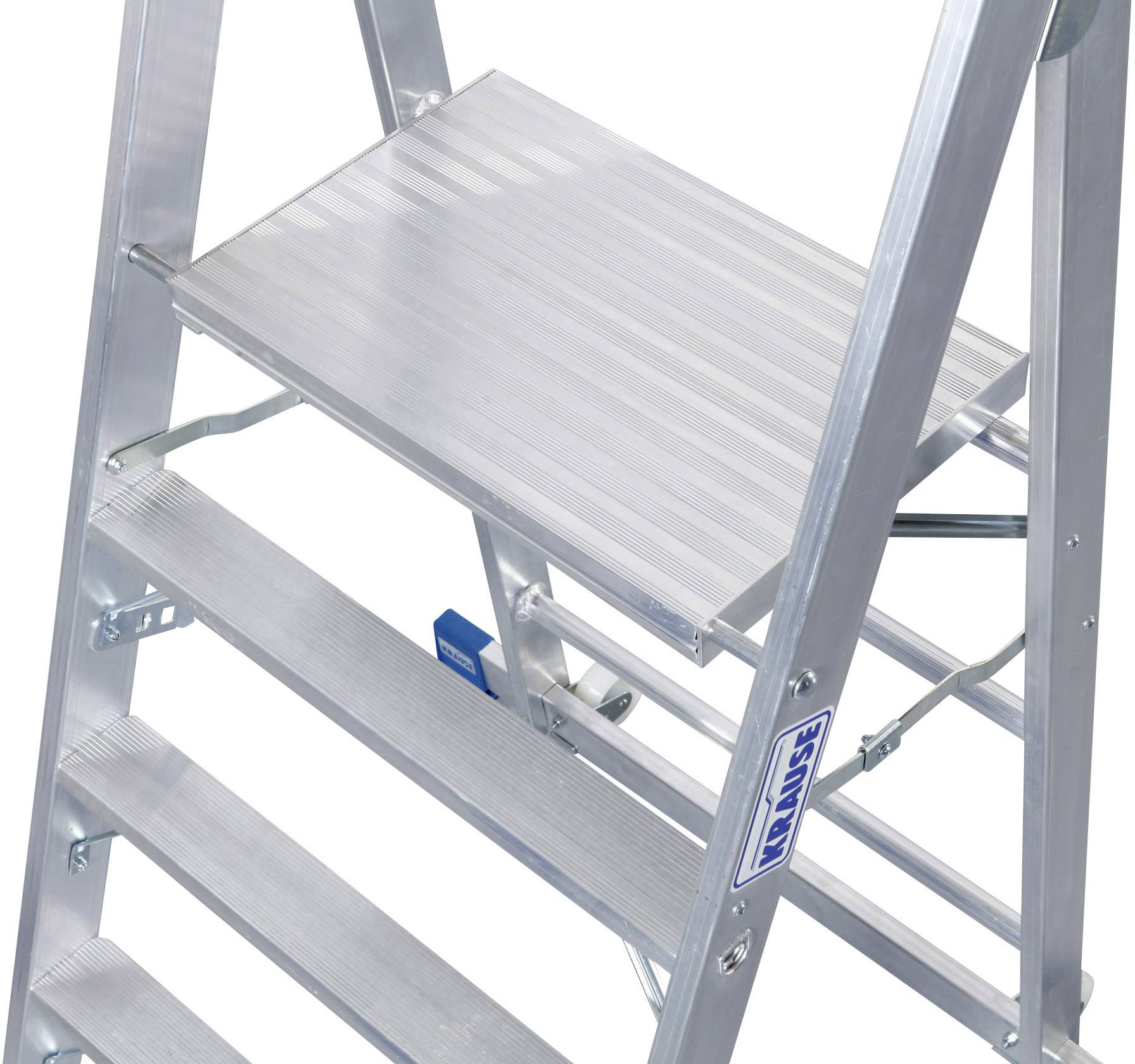 Échelle en aluminium avec plateforme, échelons stables et rails de sécurité. Idéale pour les travaux en hauteur.
