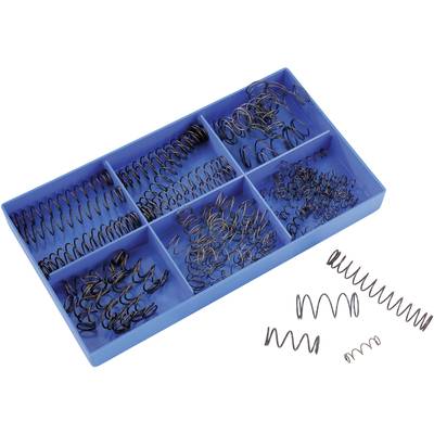 Une boîte de tri bleue à six compartiments, remplie de différentes vis métalliques. Deux vis sont posées à l'extérieur de la boîte.