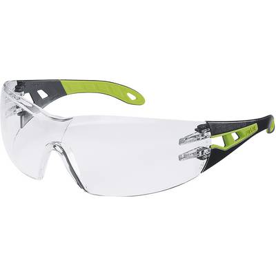 Lunettes de protection avec verres transparents et accents verts. Adaptées pour la protection au travail ou les activités artisanales.
