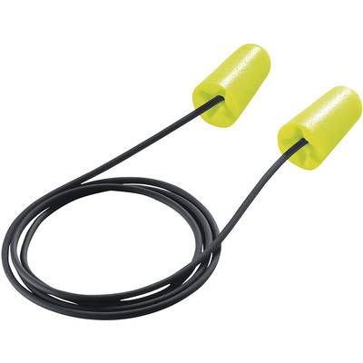 Une paire de bouchons d'oreilles jaunes avec un câble de connexion noir, adaptés pour se protéger du bruit dans des environnements bruyants.