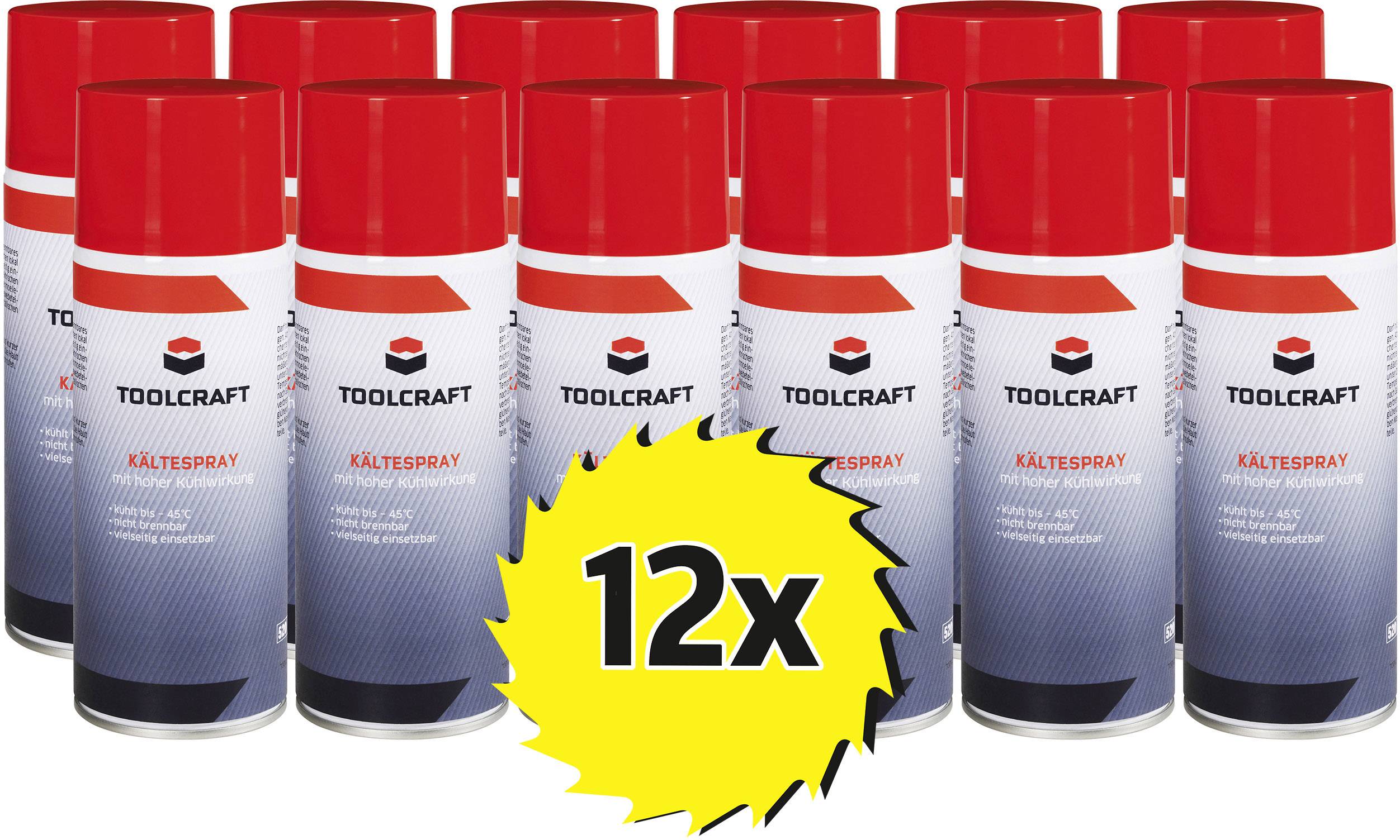 Image de 12 sprays réfrigérants Toolcraft avec couvercle rouge et autocollant jaune "12x" au premier plan.