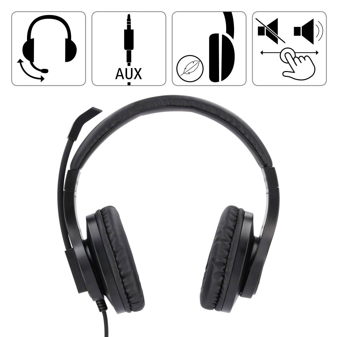 Hama Micro-casque supra-auriculaire filaire Stereo noir volume réglable, mise en sourdine du microphone ordinateur-2