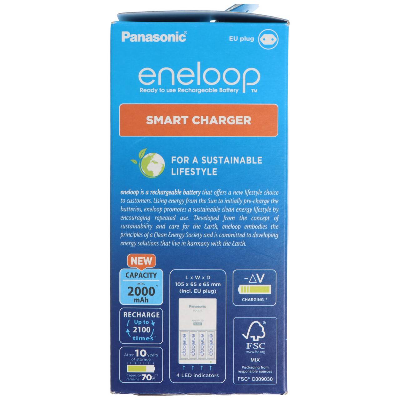 Panasonic eneloop Smart Charger BQ-CC17 avec 4 piles AA, chargeur enfichable, charge les piles NiMH AA et AAA-4