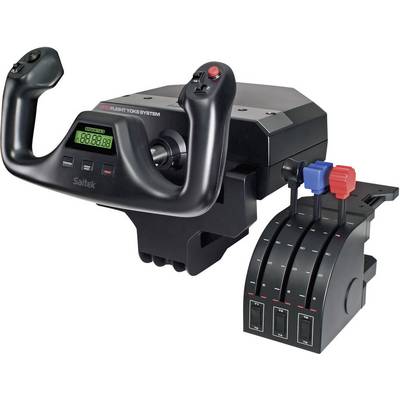 Un manche noir et un régulateur de poussée pour simulateurs de vol, avec des boutons et des interrupteurs, sur un fond blanc.