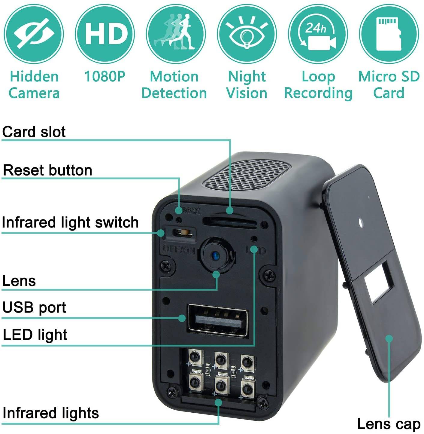 Chargeur Secteur Caméra Espion Full HD 1080p Vidéo Détection de Mouvement IR + SD 16 Go - Yonis-1