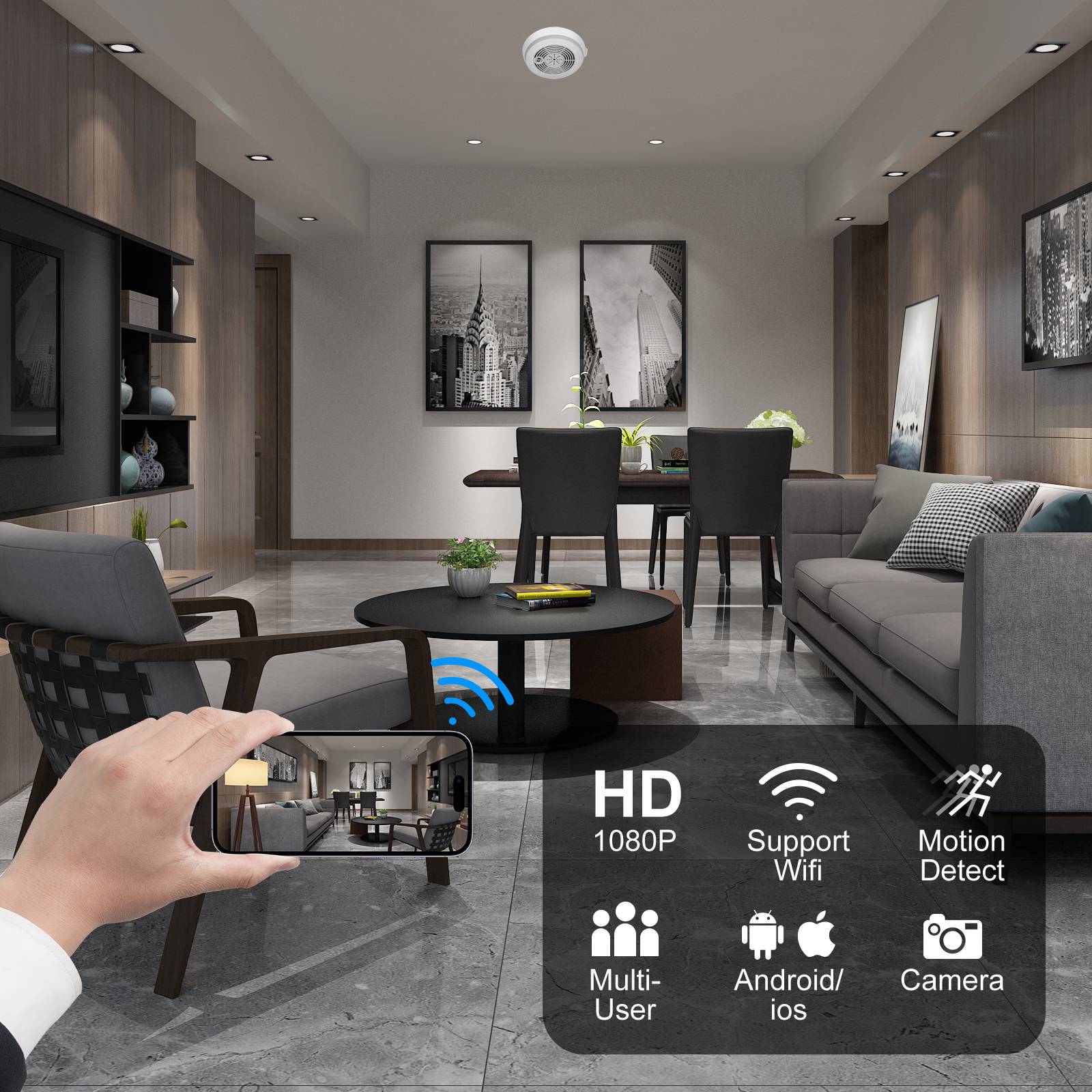 Détecteur de Fumée Caméra Espion Full HD 1080p PIR Vision Nocturne Wifi App Android iOs + SD 128Go YONIS-1