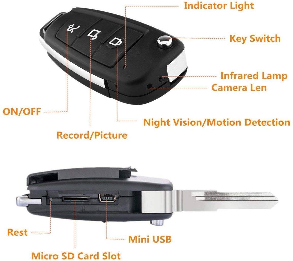 Clé de Voiture Caméra Espion HD 1080p Capteur Mouvement Vision IR + SD 32Go YONIS-1