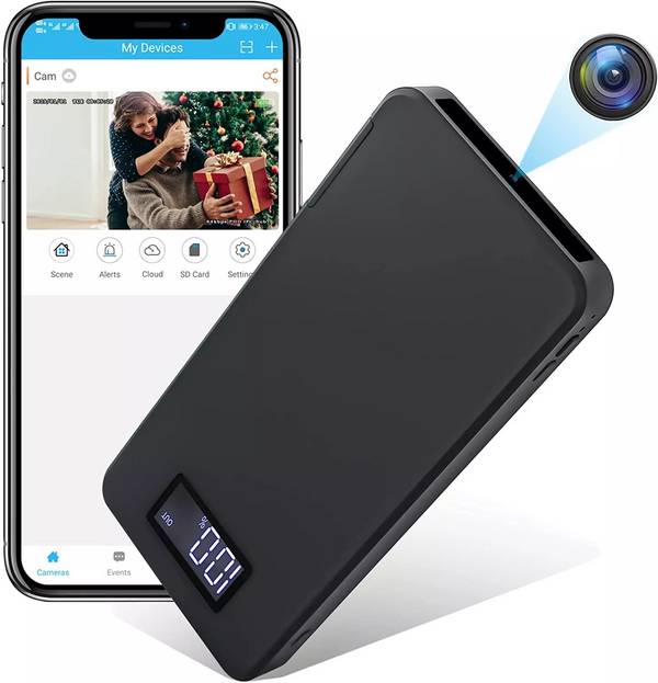 Batterie Externe Portable Caméra Espion 10000Mah Chargeur de Secours HD 1080P Noir + SD 8Go YONIS