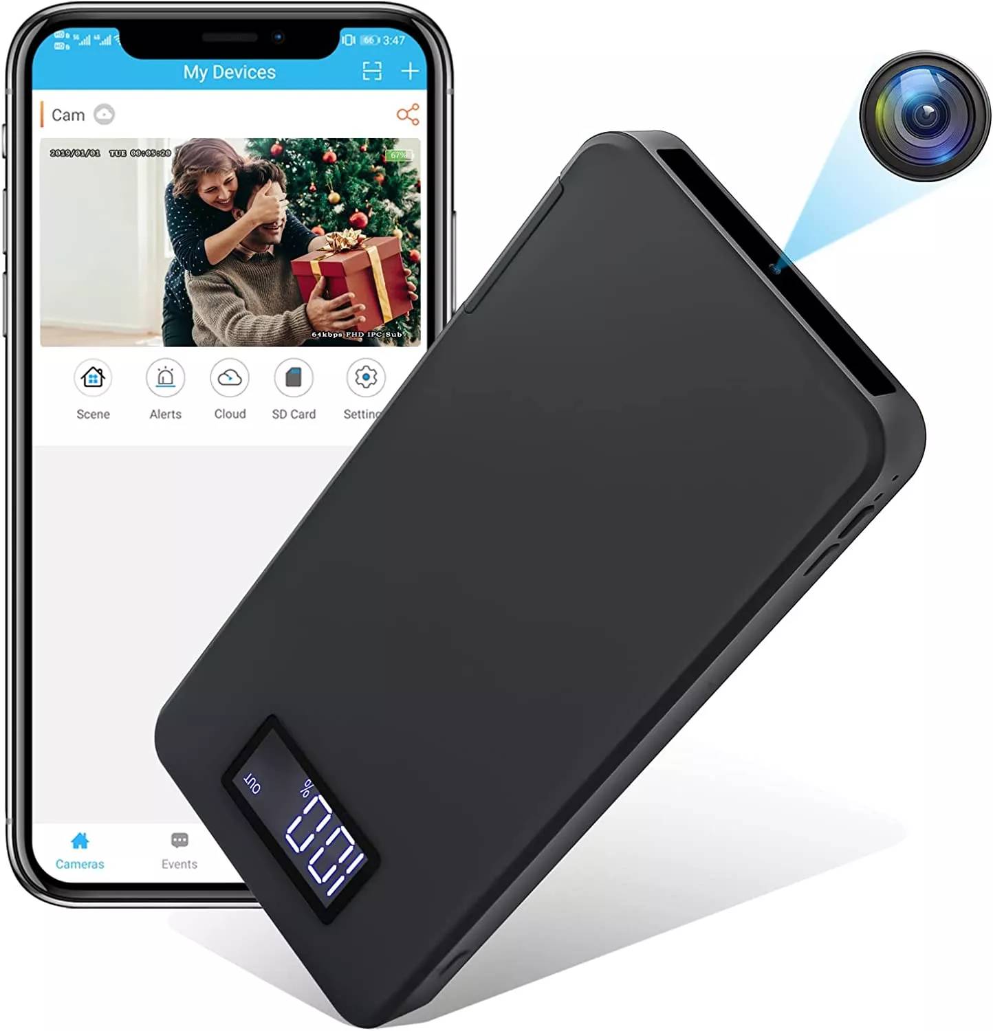 Batterie Externe Portable Caméra Espion 10000Mah Chargeur de Secours HD 1080P Noir + SD 8Go YONIS-0