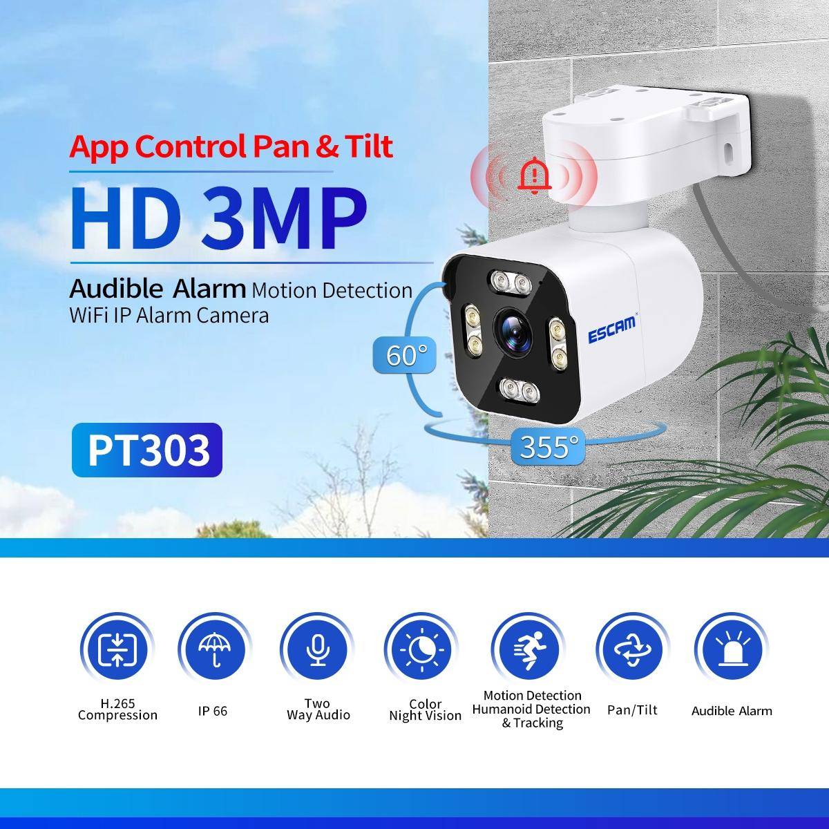 Camera Surveillance HD 3MP Détection Mouvement Vision Nocturne Audio Bidirectionnel WiFi Blanc YONIS-1