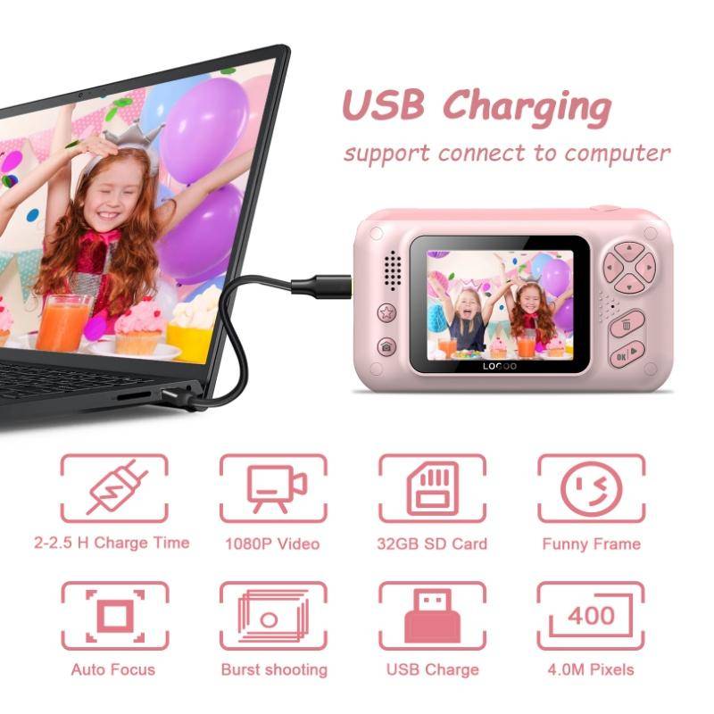 Appareil Photo Enfant HD Rose 2.4 Pouces 1080P Autofocus Léger Et Durable YONIS-0