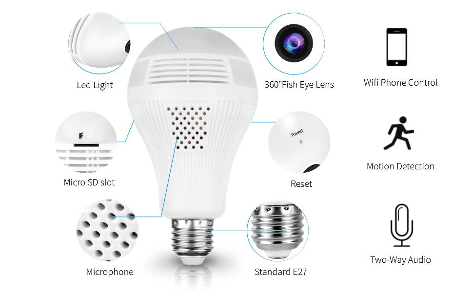 Ampoule Caméra Espion 360° Infrarouge HD Bidirectionnelle WiFi + SD 128Go YONIS-1