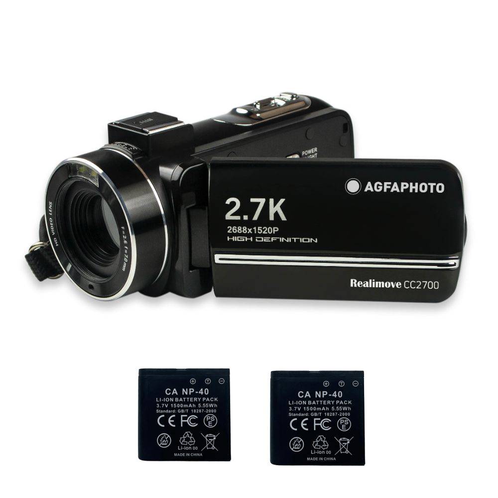 AGFAPHOTO Realimove CC2700 – Caméscope Numérique, 2.7K, 24MP, Écran Tactile 3'', Zoom 18X, Télécommande, 2 Batteries Li-0
