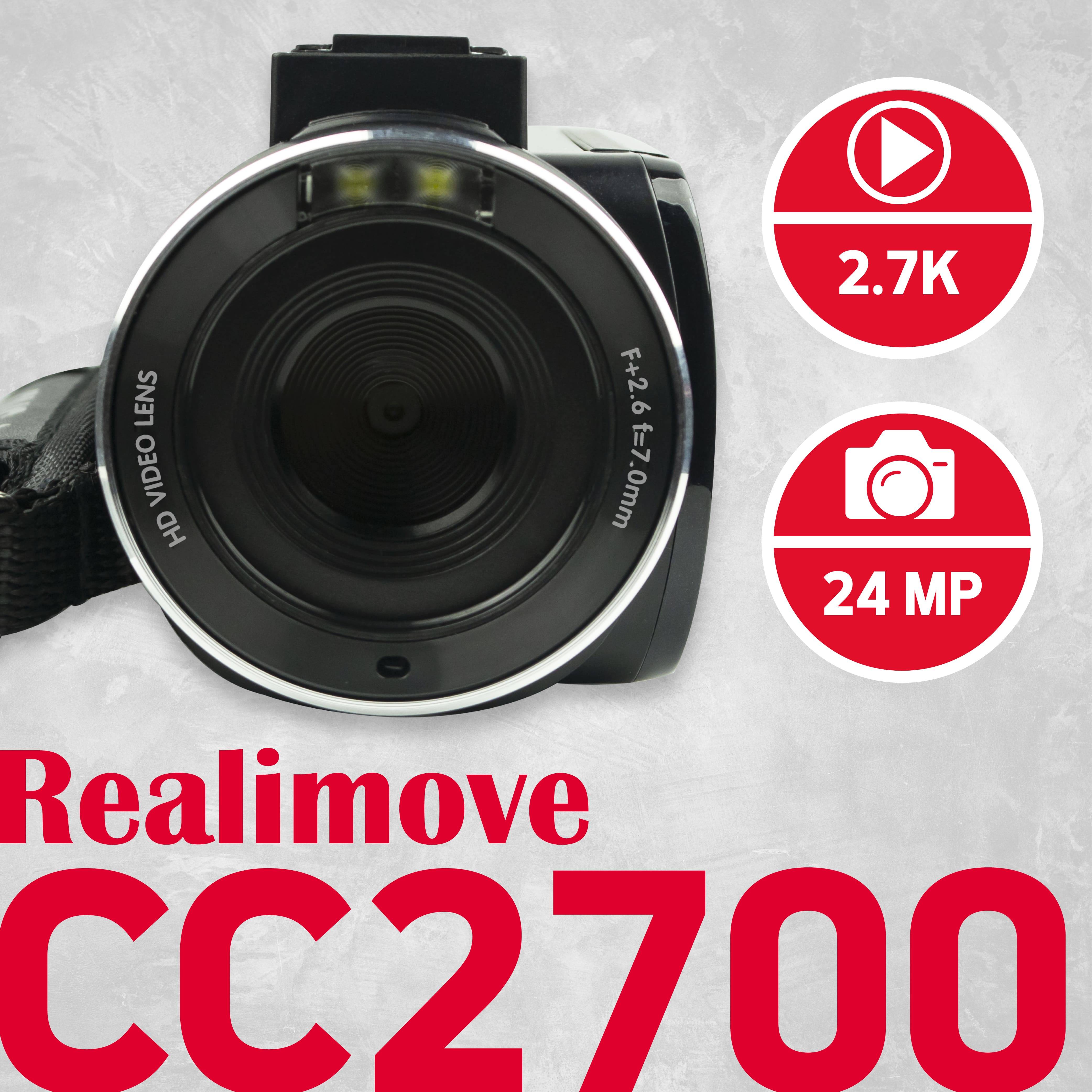 AGFAPHOTO Realimove CC2700 – Caméscope Numérique, 2.7K, 24MP, Écran Tactile 3'', Zoom 18X, Télécommande, 2 Batteries Li-2