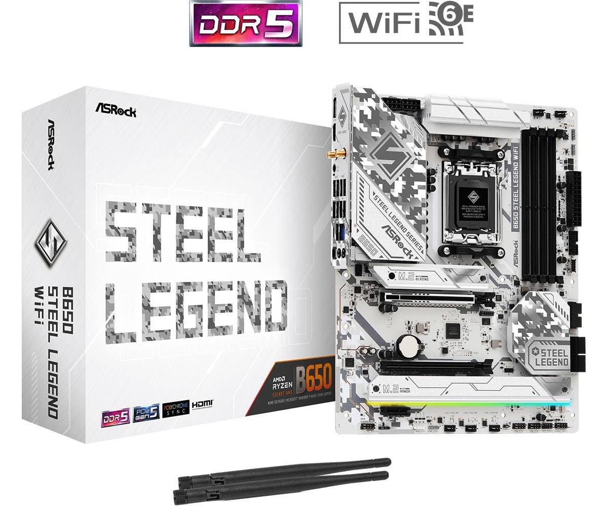 Asrock B650 Steel Legend WiFi, AMD, Emplacement AM5, AMD Ryzen 7000 Series, DDR5-SDRAM, 192 Go, DIMM-5