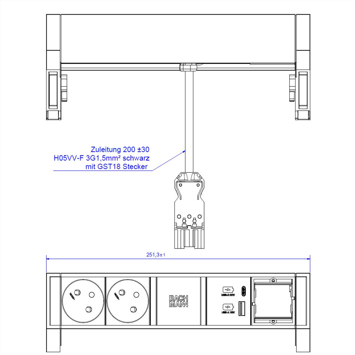 BACHMANN DESK2 2xUTE 1xUSB A/C 22W 1xCM 0,2m GST18 RAL9005-1