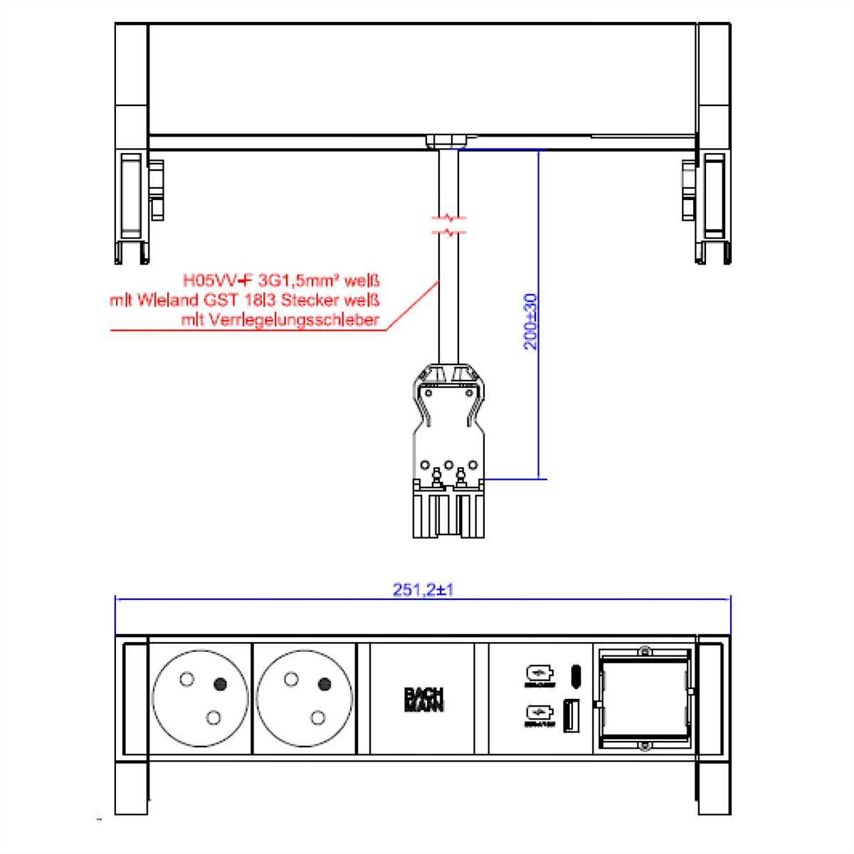 BACHMANN DESK2 white 2xUTE 1xCM 1xUSB A/C 22W 0,2m GST18-1
