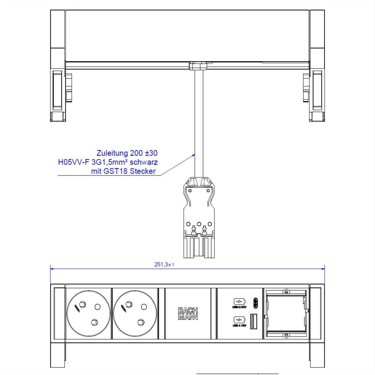 BACHMANN DESK2 2xUTE 1xUSB A&C 22W 1xCM 0,2m GST18 INOX-1