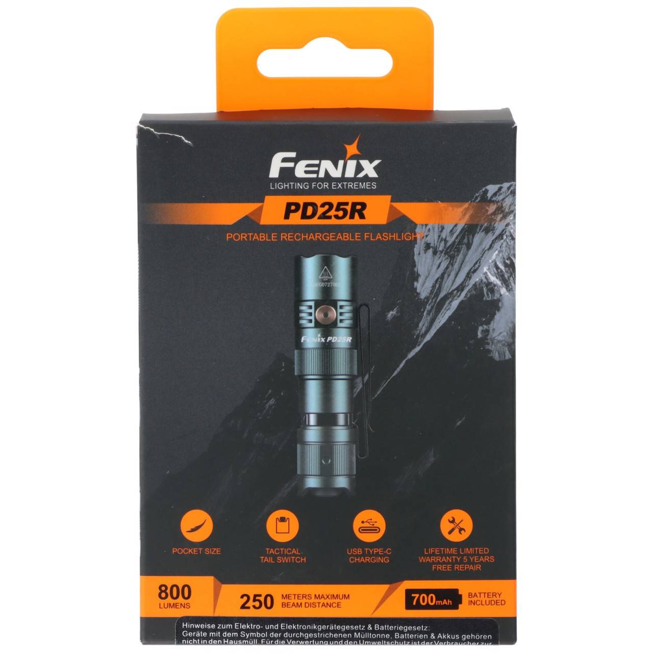 Lampe de poche LED Fenix PD25R, couleur noir, format de poche, 800 lumens, avec batterie Fenix ARB-L16-700P-0