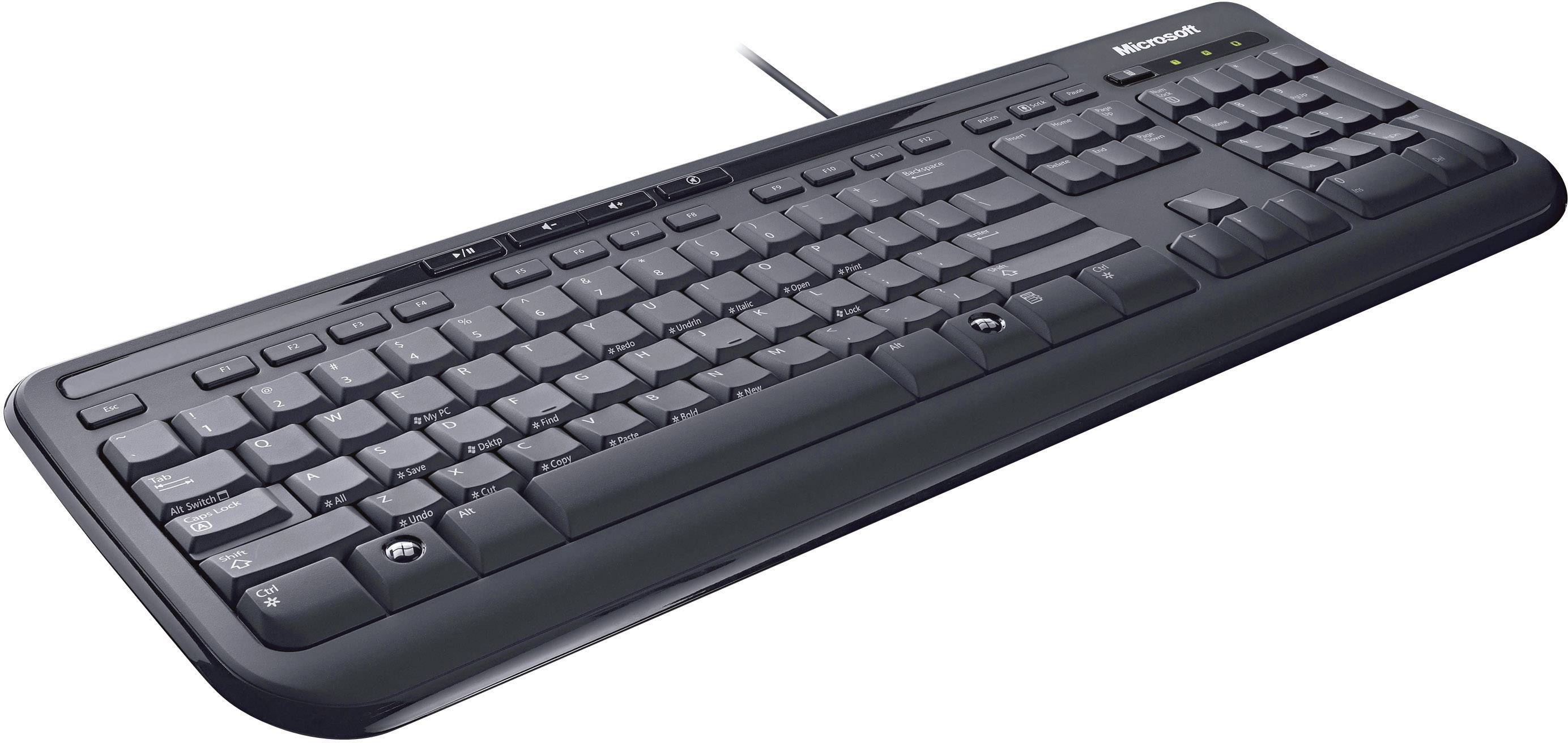 Un clavier d'ordinateur noir avec une disposition QWERTZ, connecté par un câble, présentant une disposition standard des touches, y compris le pavé numérique.