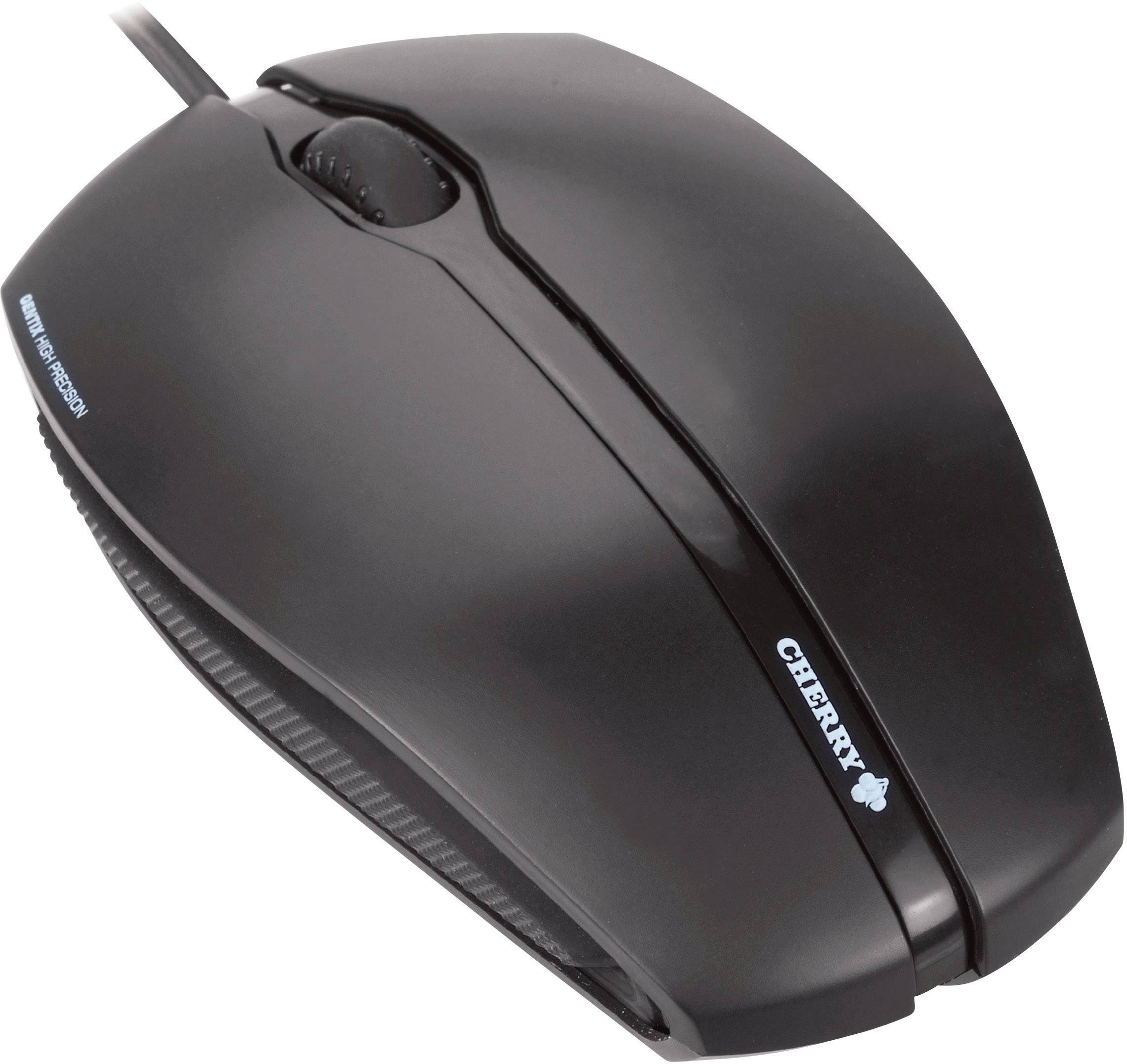 Souris d'ordinateur noire filaire, portant l'étiquette de modèle 'CHERRY'.