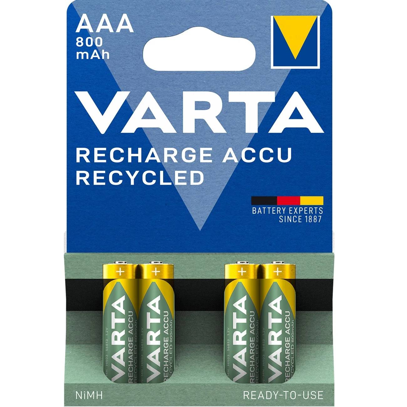Batterie Varta NiMH, Micro, AAA, HR03, 1,2 V/800 mAh Accu recyclé, préchargé, blister de vente au détail (paquet de 4)