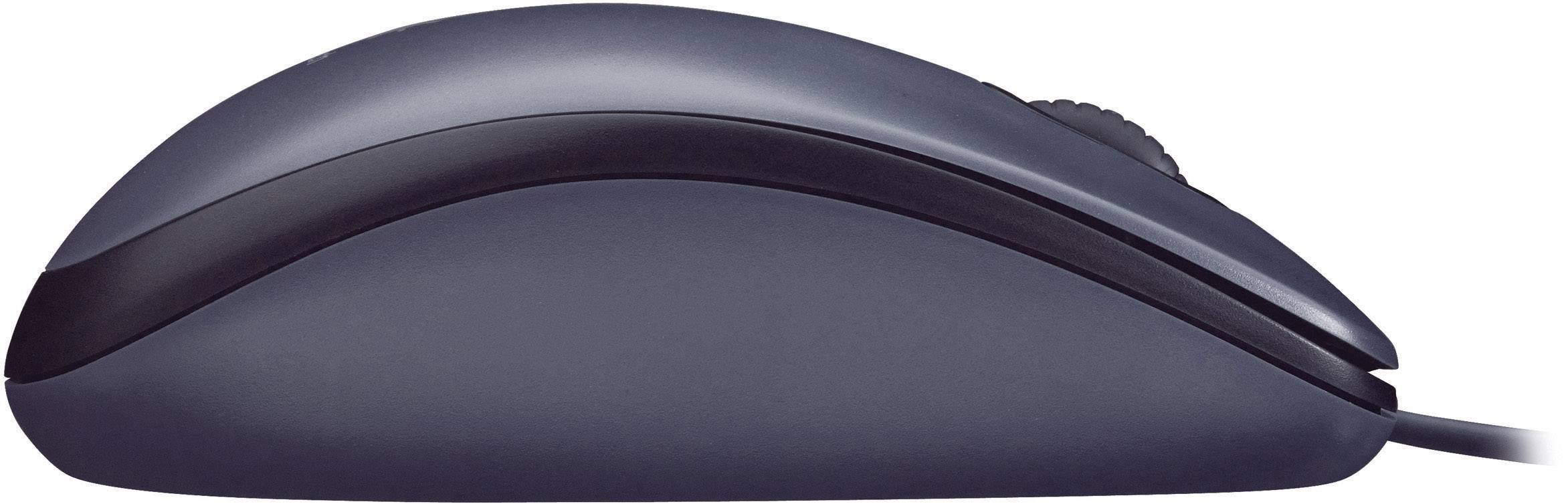 Une souris d'ordinateur noire vue de côté, avec une molette de défilement visible et un câble USB.