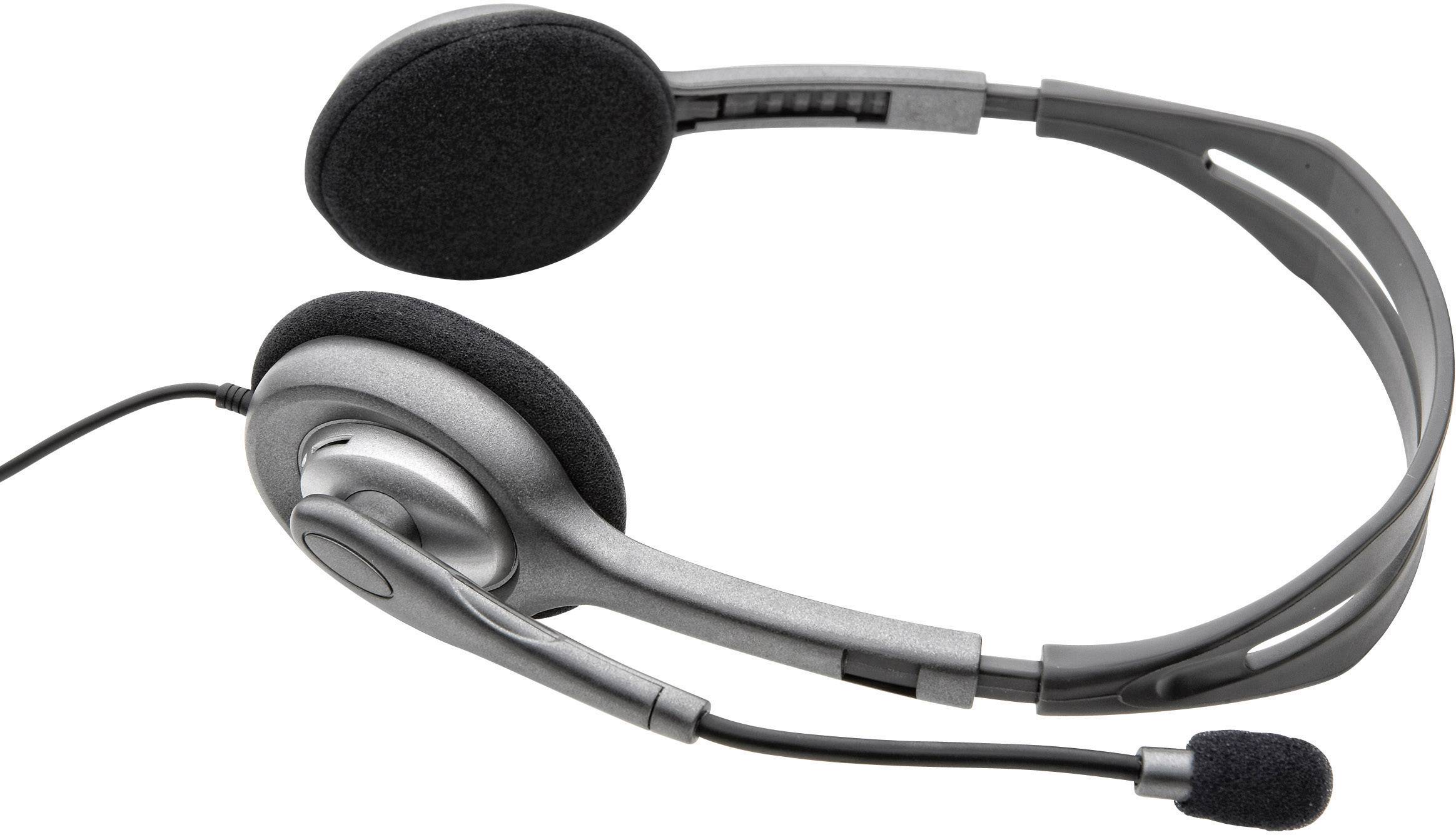 Un casque argenté avec fil, doté d'un microphone et de coussinets d'oreille rembourrés, compatible avec les ordinateurs et les téléphones.