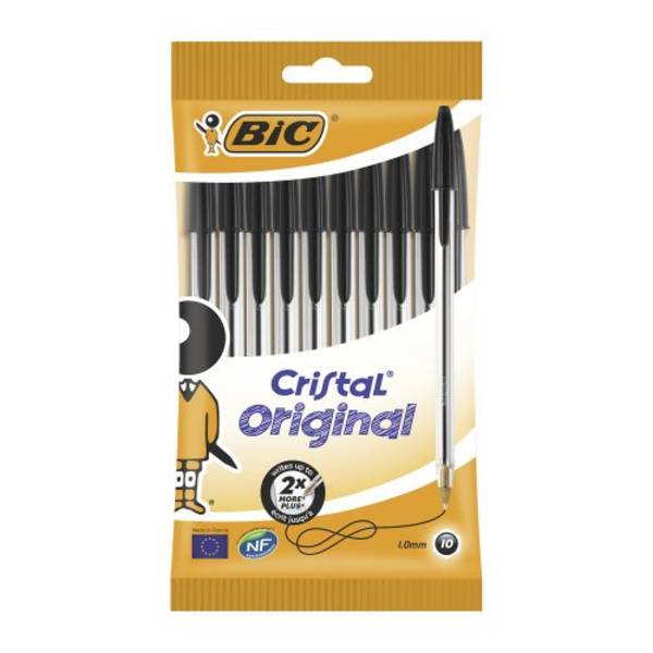 Stylo bille Bic Cristal Original noir à capuchon pointe 1 mm - Lot de 10