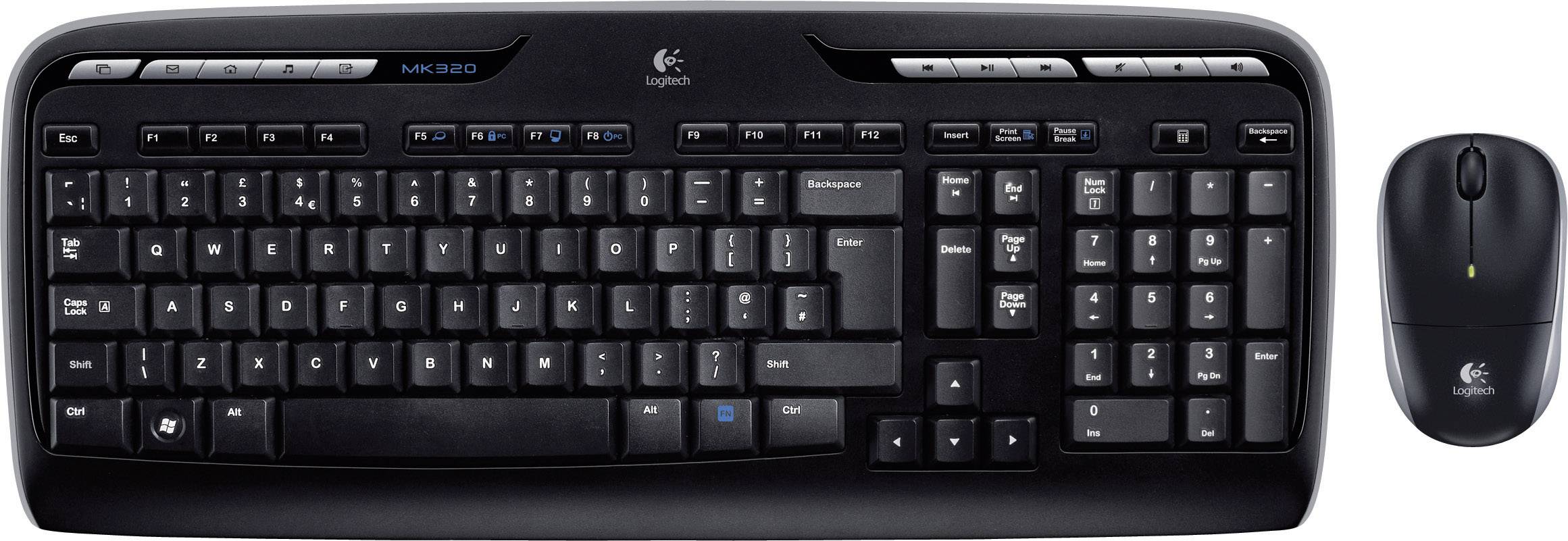 Ensemble clavier et souris sans fil noir. Clavier avec disposition complète et touches de fonction. Souris au design ergonomique.
