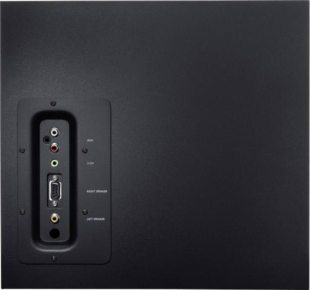 Vue arrière d'un amplificateur audio noir avec des entrées et sorties : AUX, 1CH, Haut-parleur Droit, Haut-parleur Gauche, connexion VGA visible.