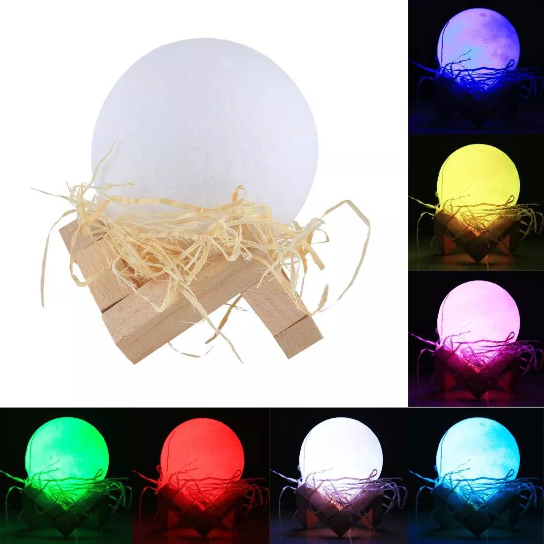 Veilleuse 3D Sans Fil Lune 7 Couleurs Luminaire LED Bouton Tactile USB 310 Mah YONIS-0