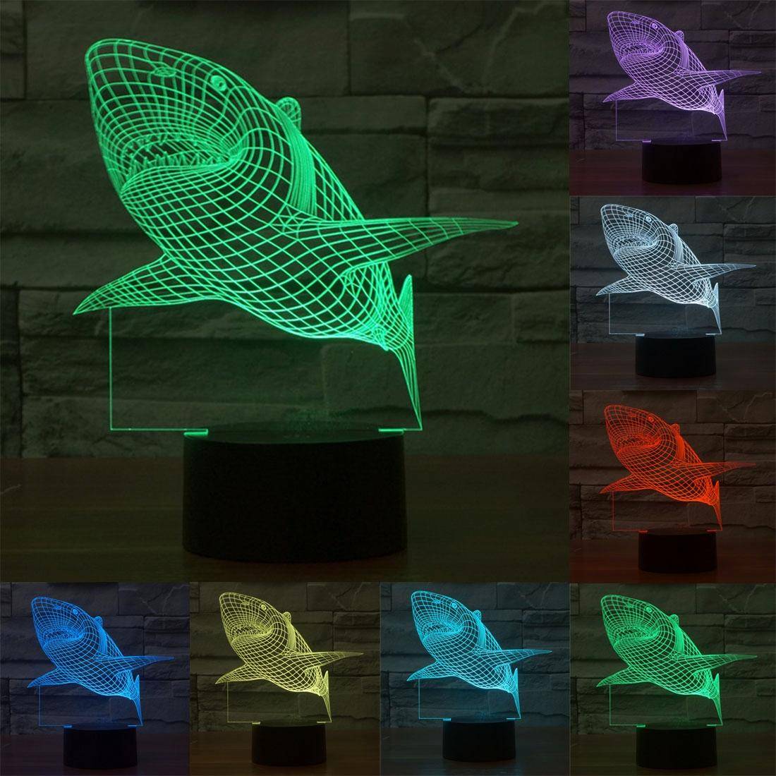 Lampe 3D Requin Lumière 7 Couleurs Luminaire LED Décoration Bouton Tactile 0.5W YONIS-0
