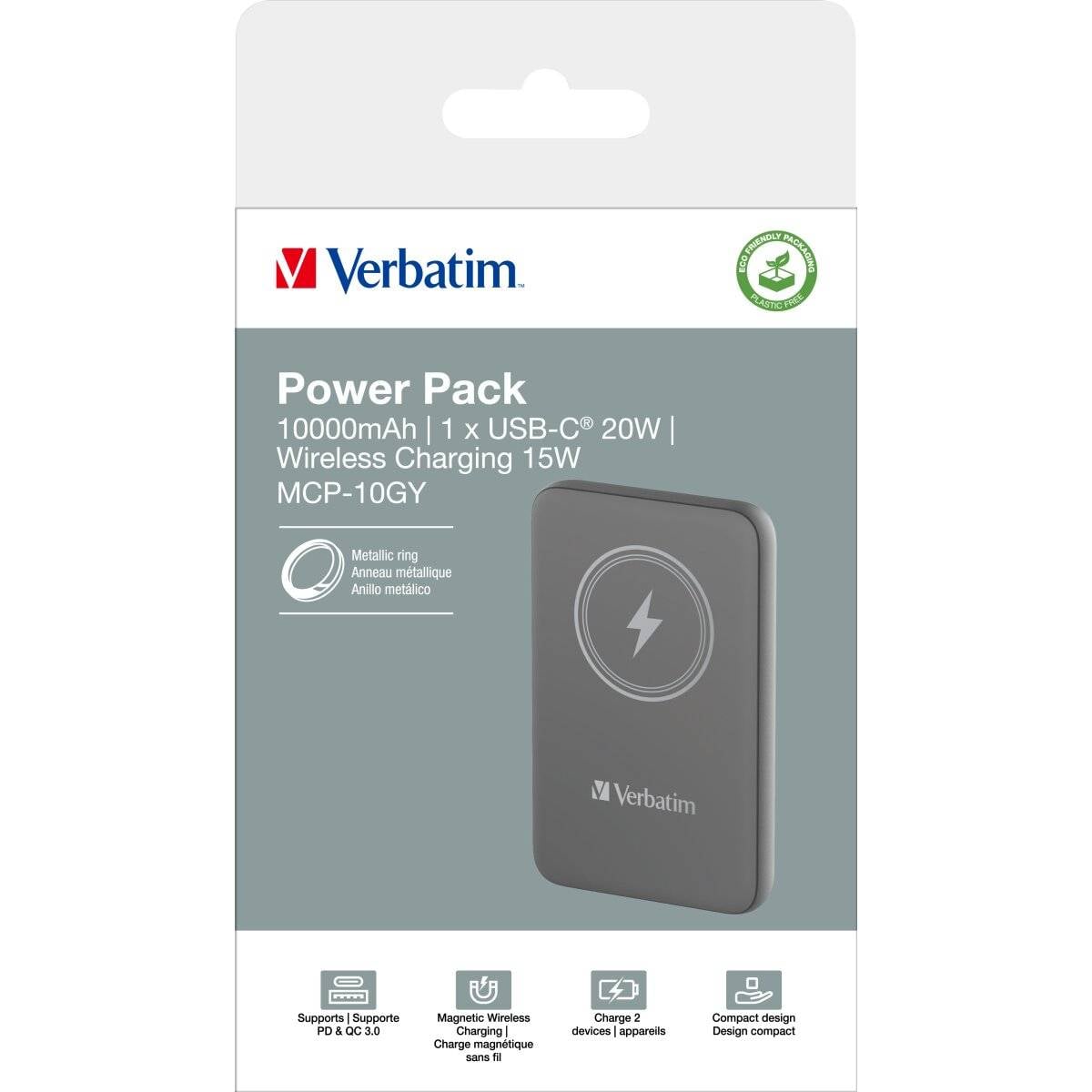 VERBATIM CHARGE N GO MAGNETIC WIRELESS POWER BANK 10000 GREY WCF (P)-2