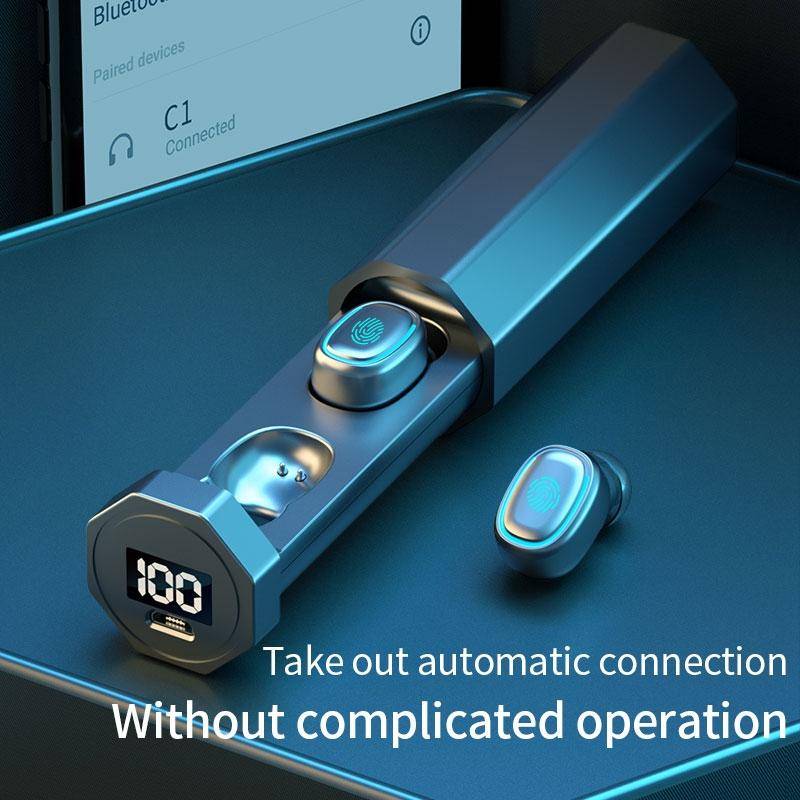 Ecouteurs Bluetooth 5.0 TWS Waterproof Avec Affichage Digital Et Boîte De Charge - Bleu - Yonis-0