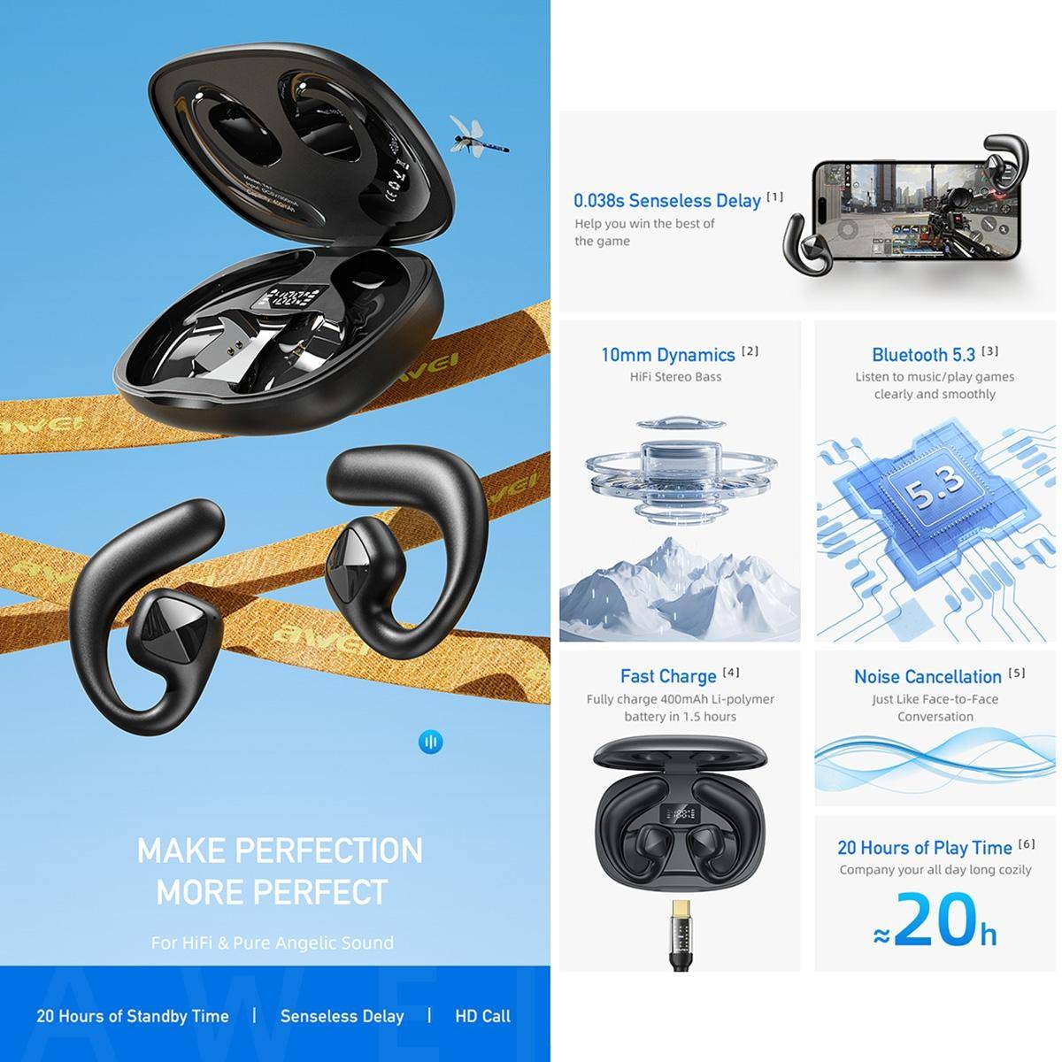 Ecouteurs Bluetooth Air Conduction Sans Fil Khaki Longue Autonomie IPX4 - Noir - Yonis-2
