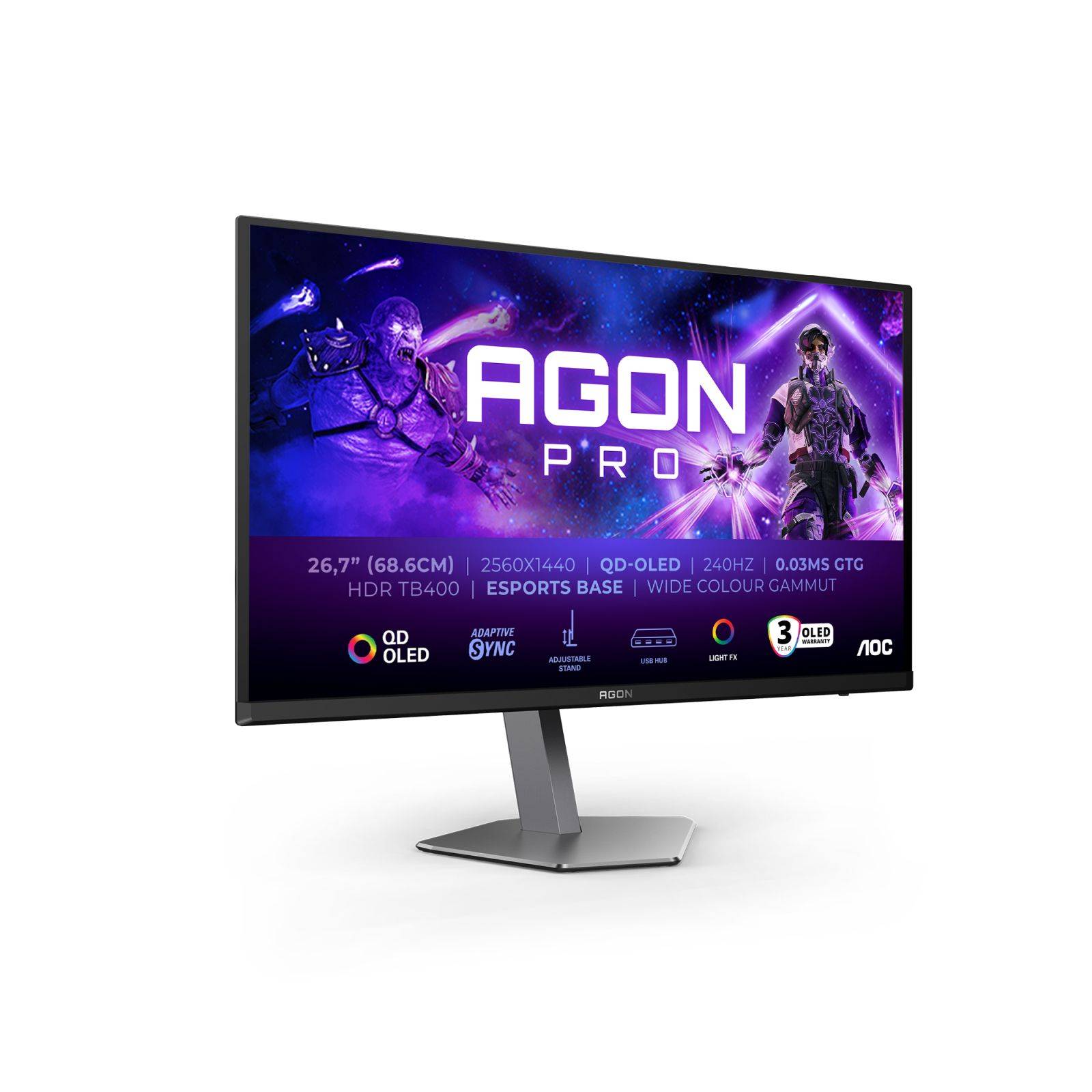 AOC AGON PRO AG276QZD2, 67,3 cm (26.5"), 2560 x 1440 pixels, Quad HD, QD-OLED, 0,03 ms, Noir, Gris-0