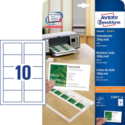 Avery-Zweckform C32011-10 Cartes de visite imprimables, bords lisses 85 x 54 mm blanc 100 pc(s) Format du papier: DIN A4-0