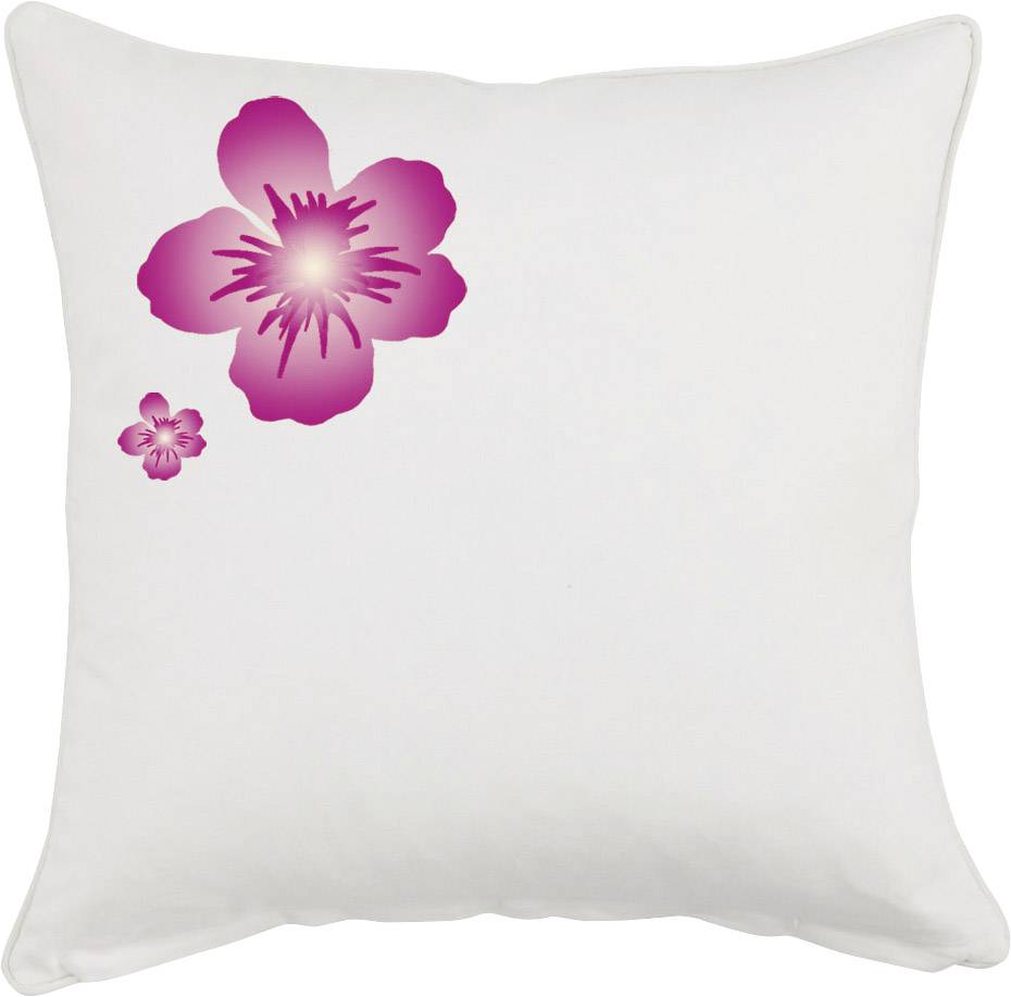 Housse de coussin blanche avec deux fleurs roses en haut à gauche, une grande et une plus petite, sur un fond uni.