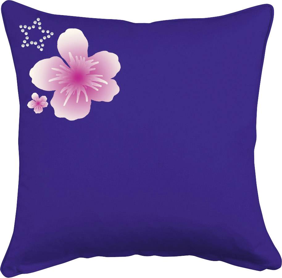 Un coussin bleu marine avec un grand motif de fleur rose et une petite fleur dans le coin.