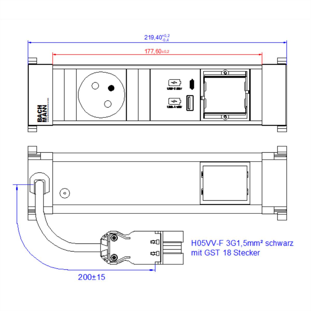 BACHMANN POWER FRAME S 1xUTE 1xCM 1xUSB A/C 22W 0,2m GST18-4