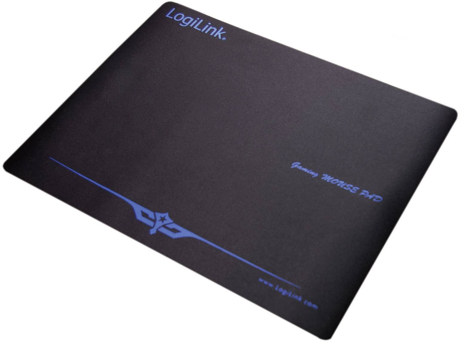 Tapis de souris noir de la marque LogiLink avec un design bleu et l'inscription 'Gaming Mouse Pad'.