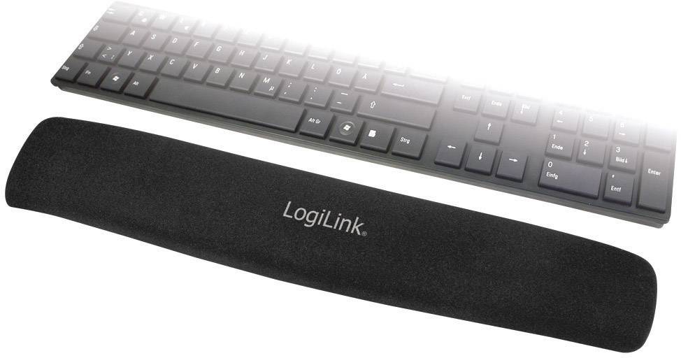 Repose-poignets ergonomique devant un clavier noir, améliore le confort de frappe et soutient le poignet pendant le travail.
