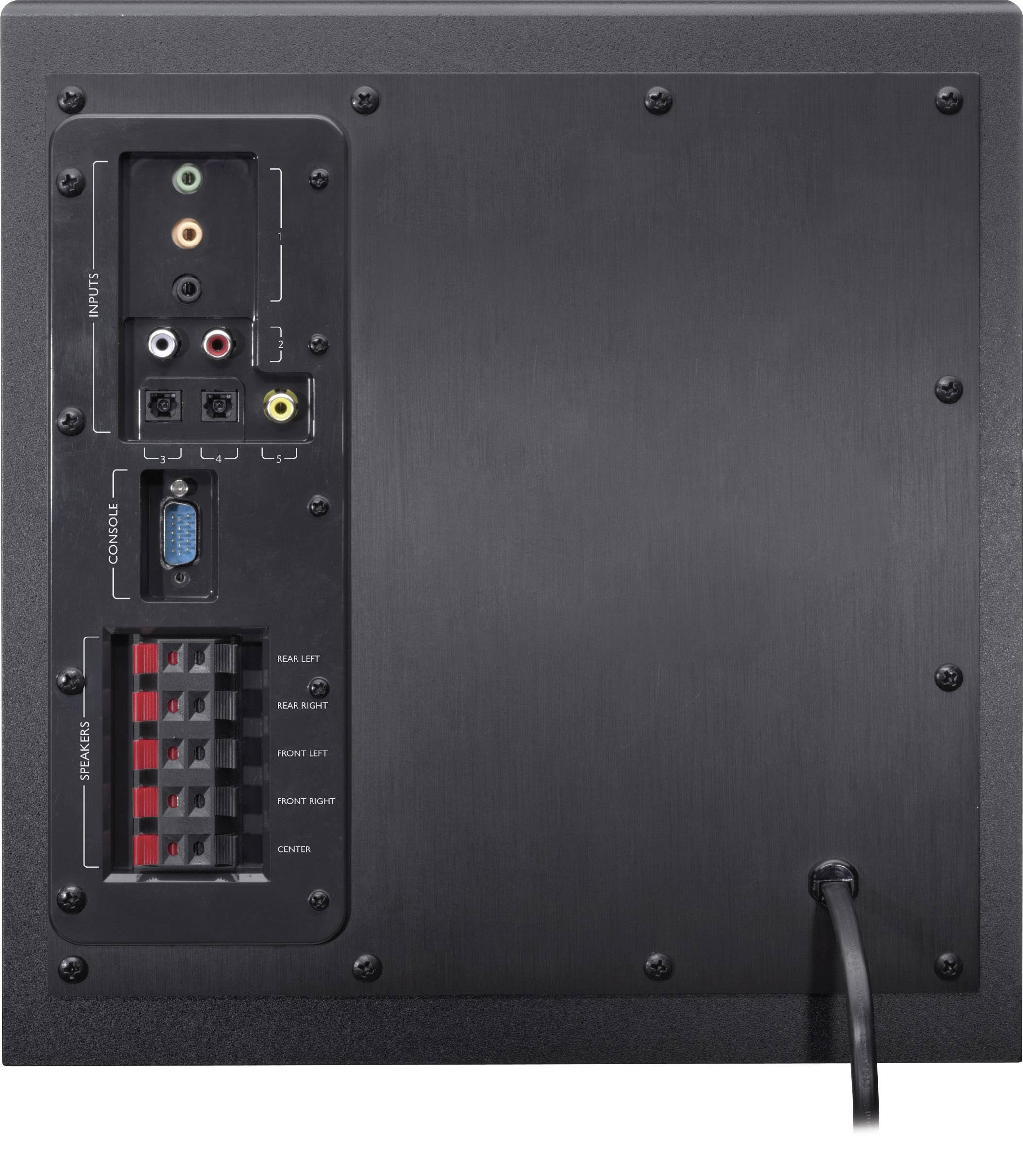 Arrière d'un appareil audio avec des connexions : entrées pour audio, vidéo et haut-parleurs. Câble d'alimentation branché en bas à droite.