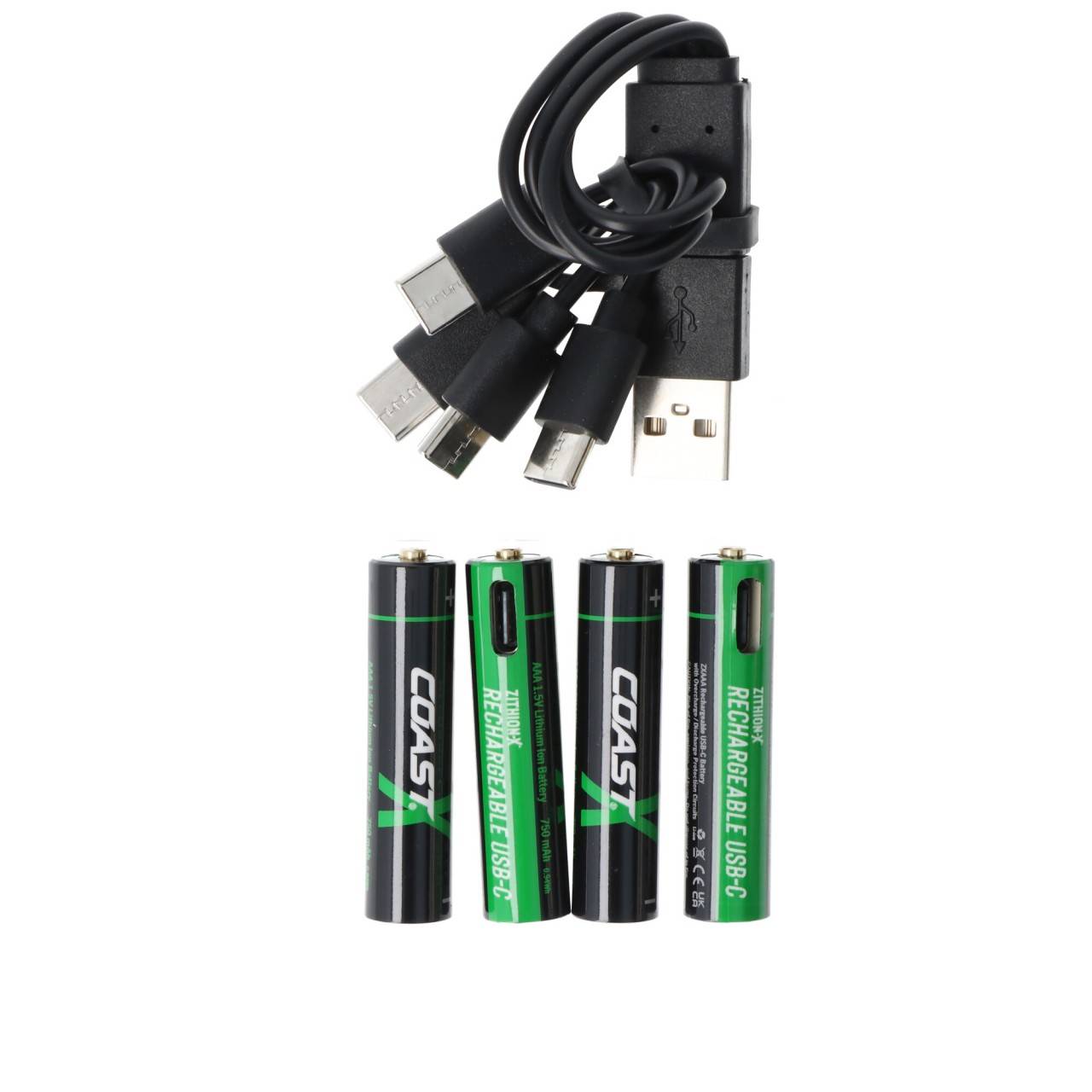 Piles lithium-ion Micro AAA 1,5 V ZITHION-X® de 750 mAh, avec câble de chargement USB-C 4 en 1-3