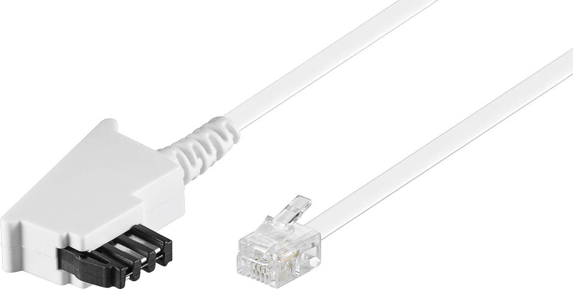 Câble téléphonique blanc avec fiche TAE à gauche et fiche RJ11 à droite, souvent utilisé pour connecter des téléphones ou des modems.