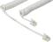 Un câble téléphonique blanc spiralé avec des connecteurs RJ11 aux deux extrémités, adapté aux téléphones fixes.