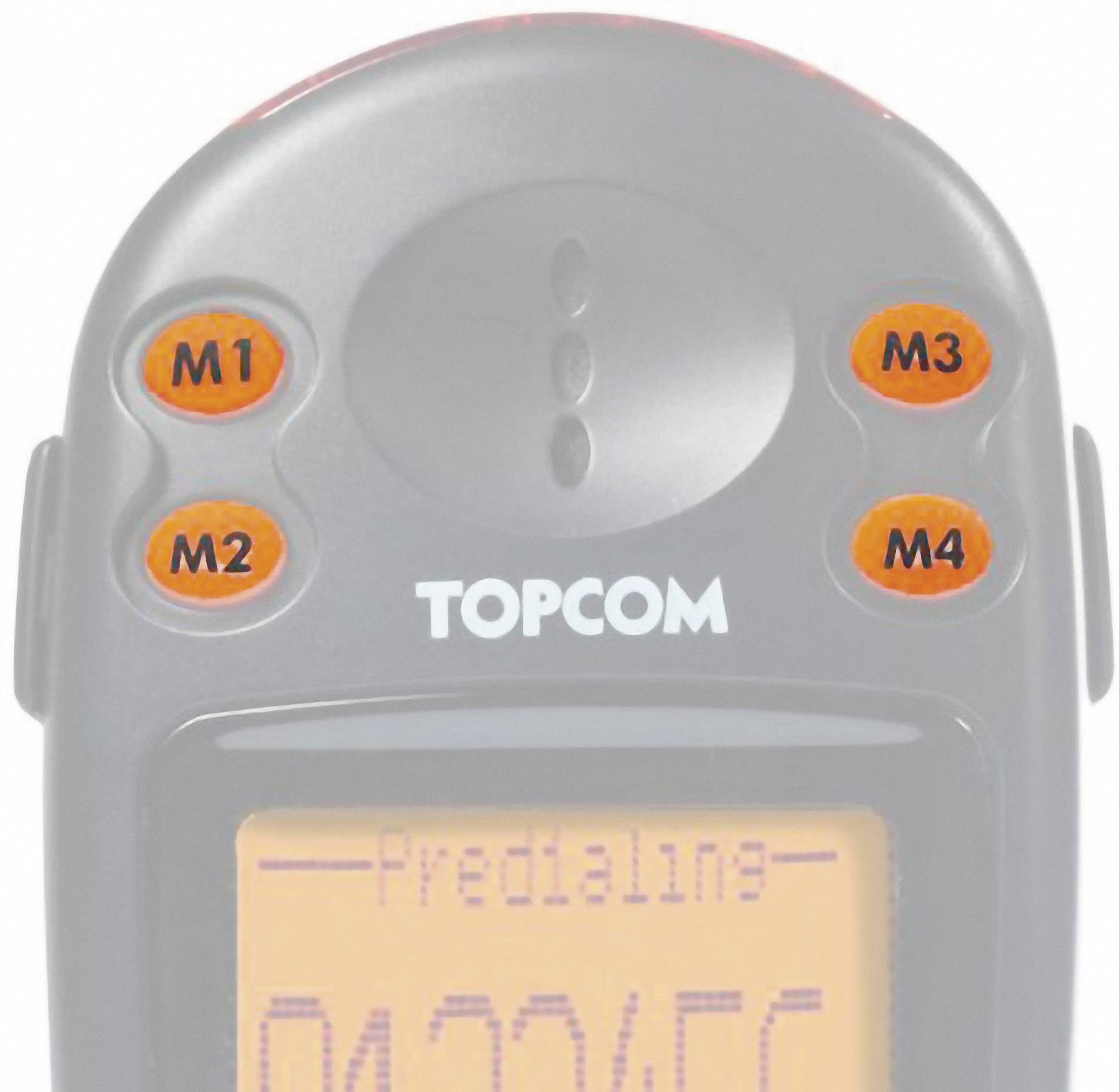 Un téléphone noir avec des touches de numérotation rapide orange de M1 à M4 et la marque 'Topcom' affichée sur l'écran.