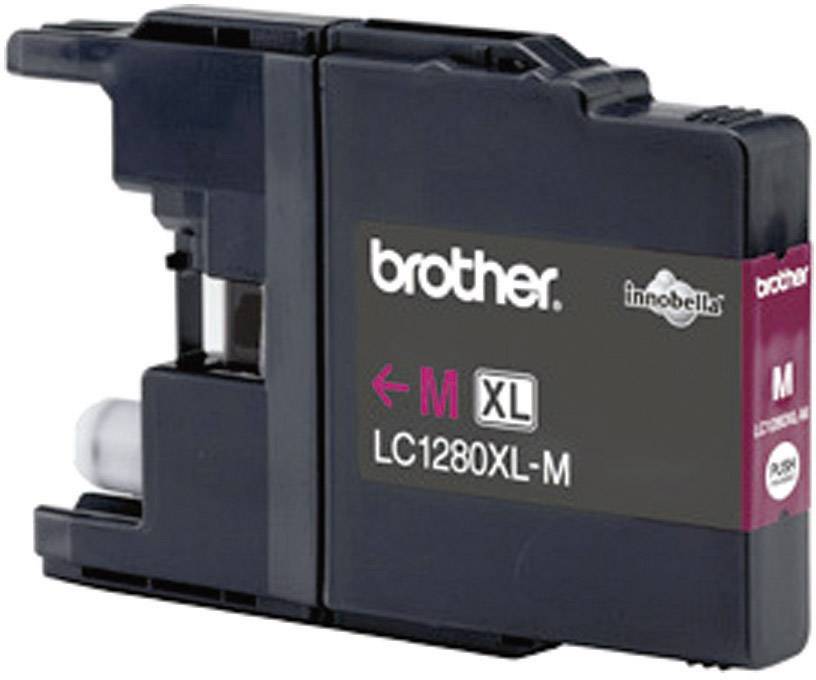 Cartouche d'encre noire avec étiquette rose, 'Brother LC1280XL-M', affichant le niveau d'encre magenta.